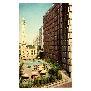 Vintage Water Tower Hyatt House Chicago Postcard Landmark Pool Terrace Garden
